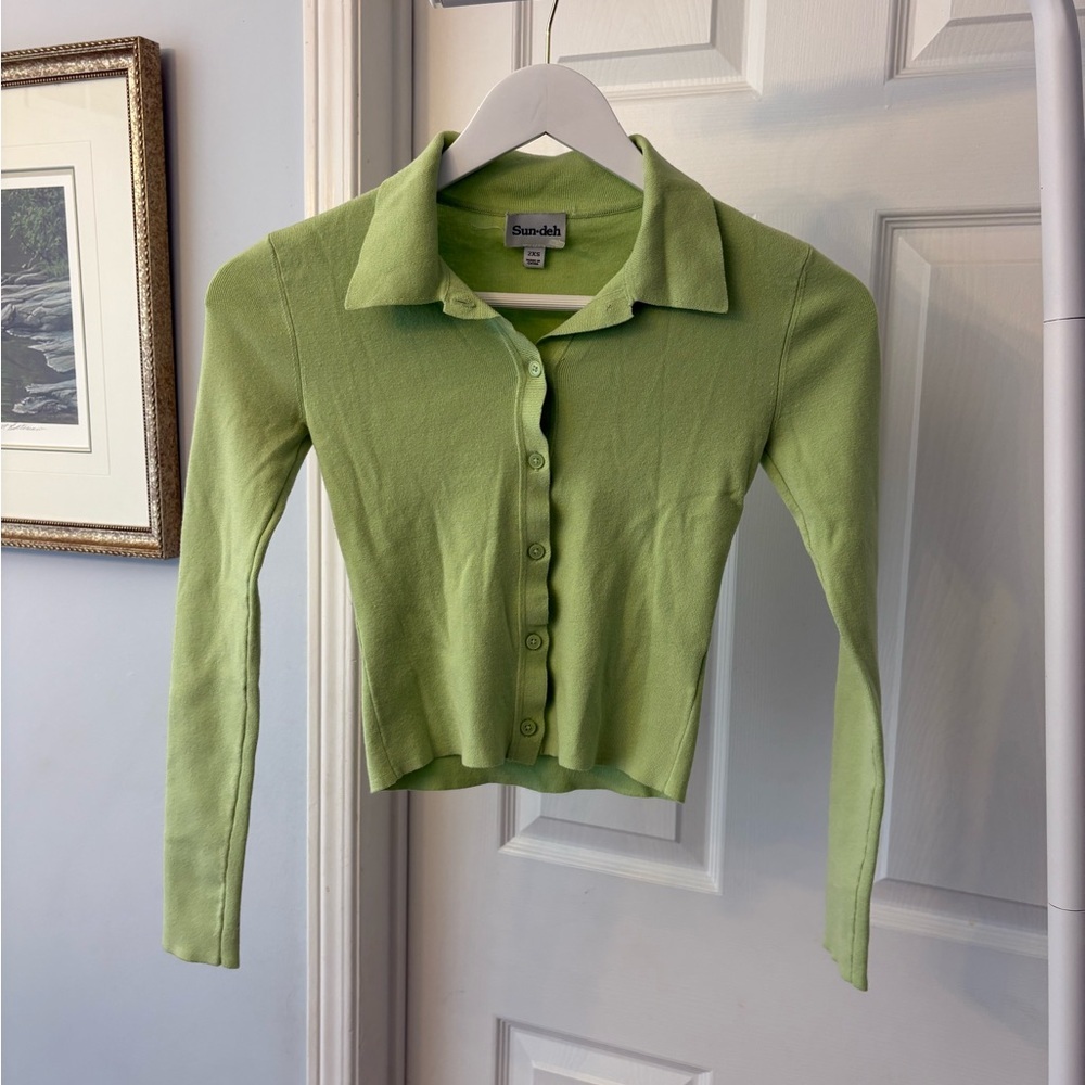 Aritzia Sun-deh Green CeCe Button-Up Collared Cardigan Size XXS - Picture 6 of 9